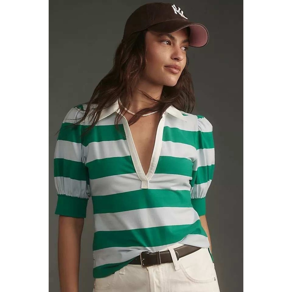 Maeve Rugby Shirt‎ Womens XXS Green Striped Puff Sleeve Polo Top V-Neck Preppy